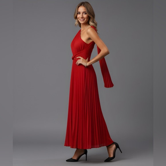 Red One Shoulder Twist Front Pleated Hem Dress* - Picture 3 of 10
